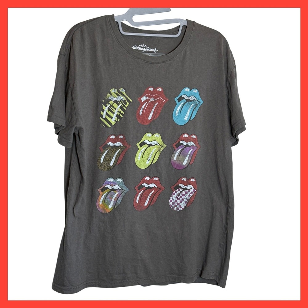 Rolling Stones Graphic T-Shirt Charcoal Gray Multi Tongue Logo XL